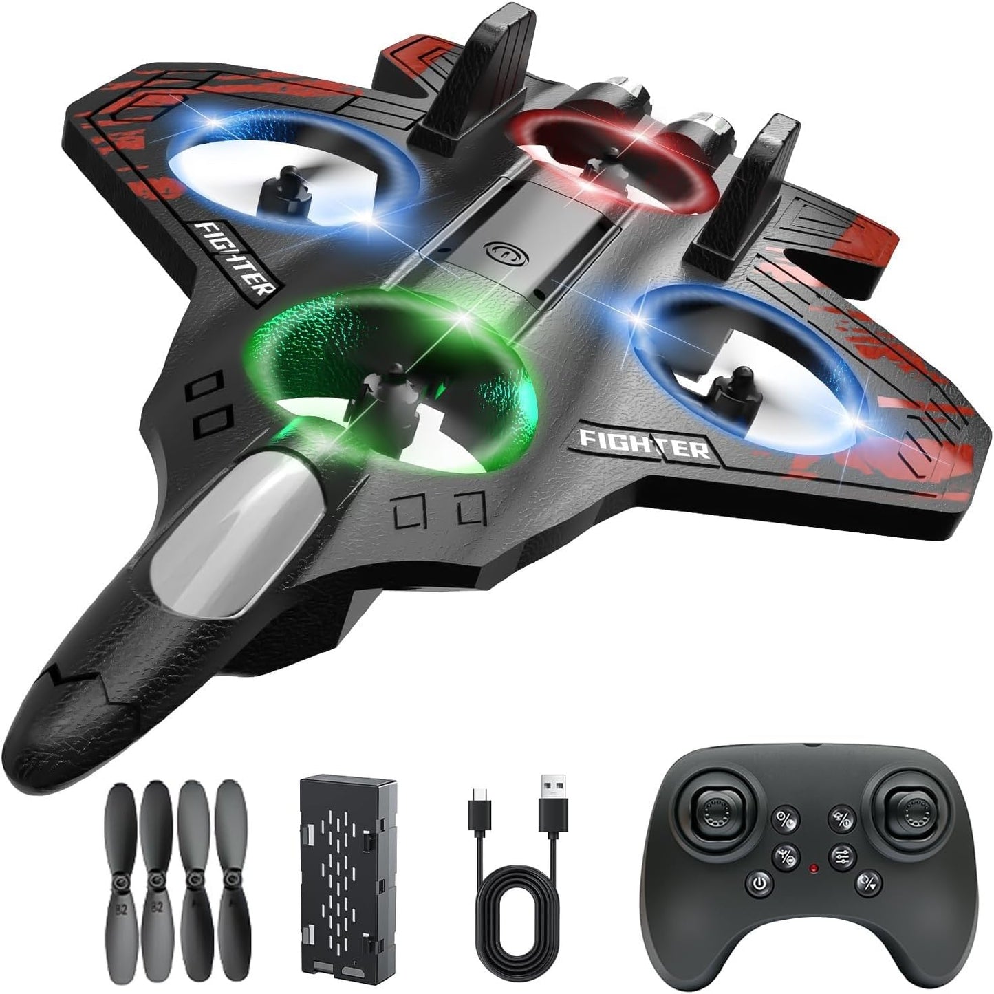 Amitasha Remote Control Airplane for Kids, RC Glider Plane with Light Foam Aeroplane Fighter Jet for Kids Adults 6-16, 360° Flip, Stunt Roll, Drones Airplane Toy Gift for Kids Boy